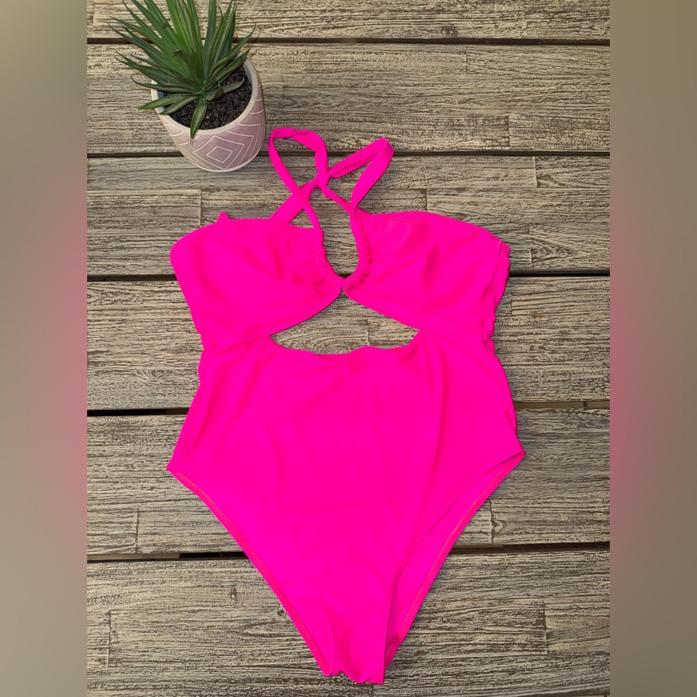 Women's Vibrant Pink One Piece Cutout Swimsuit, Size Large